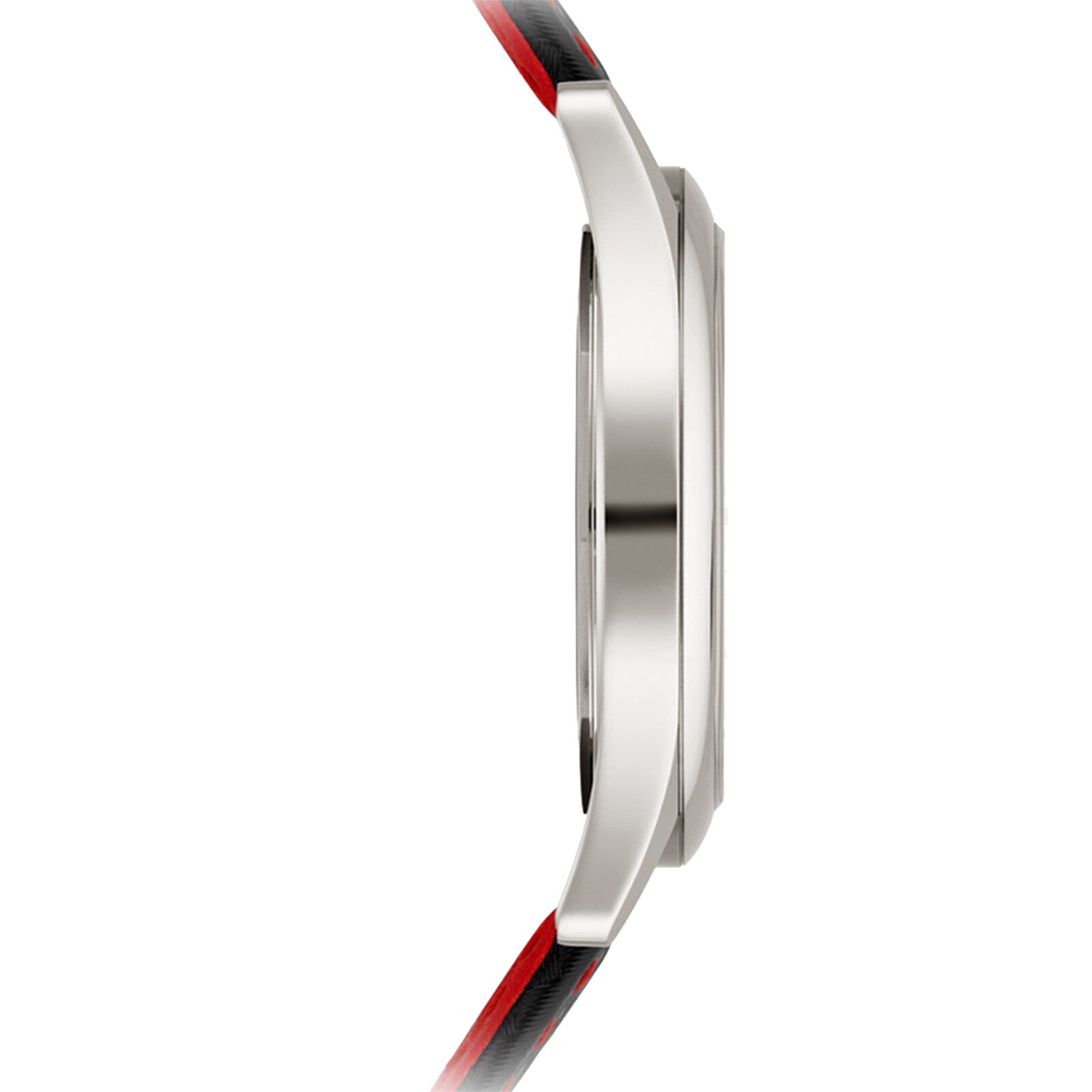 Side view of the Patek Philippe Calatrava 6007G-010, a slim wristwatch featuring a silver case and a black and red strap.