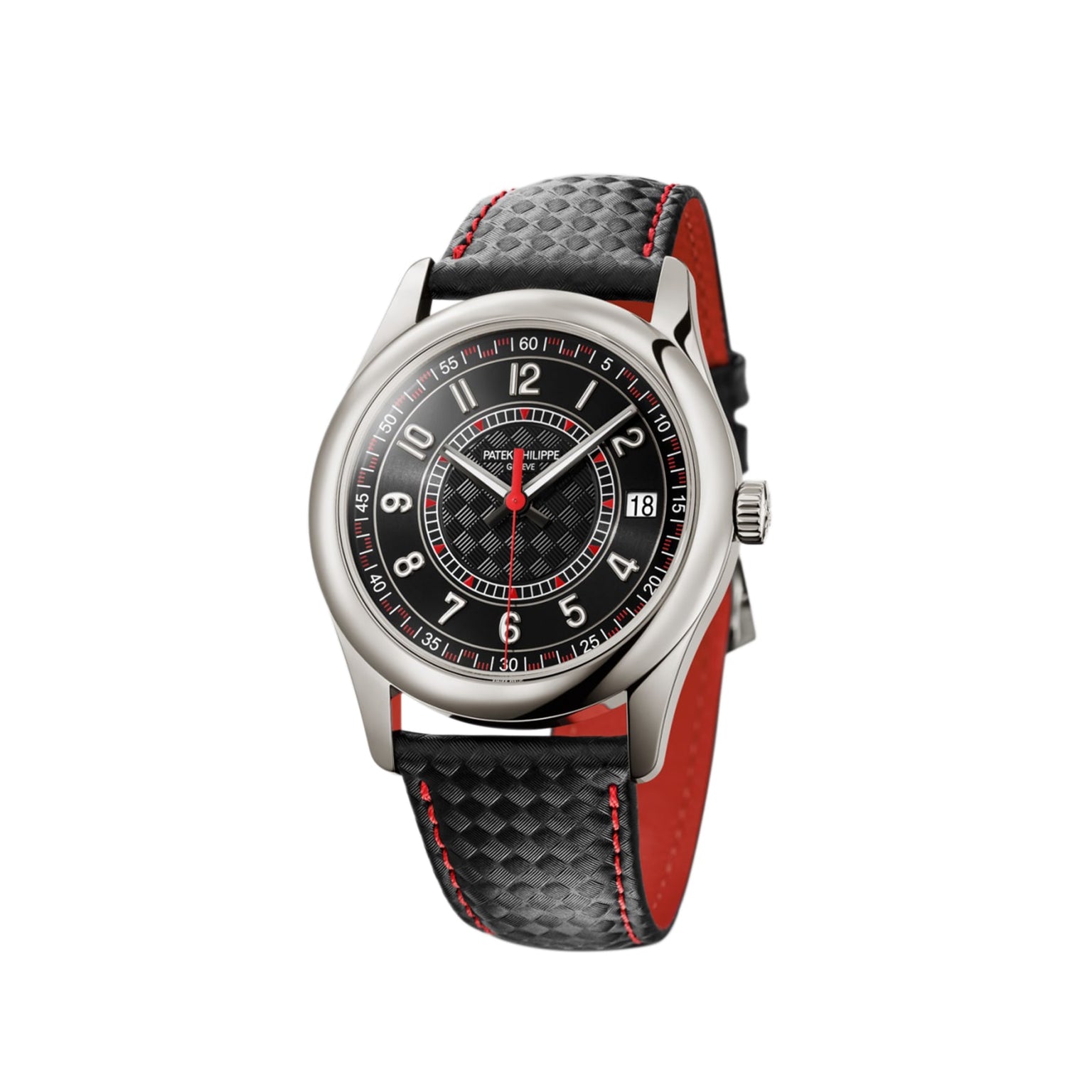 The Patek Philippe Calatrava 6007G-010 is a luxury wristwatch featuring a black and red textured strap and a black dial with date and 24-hour markers.