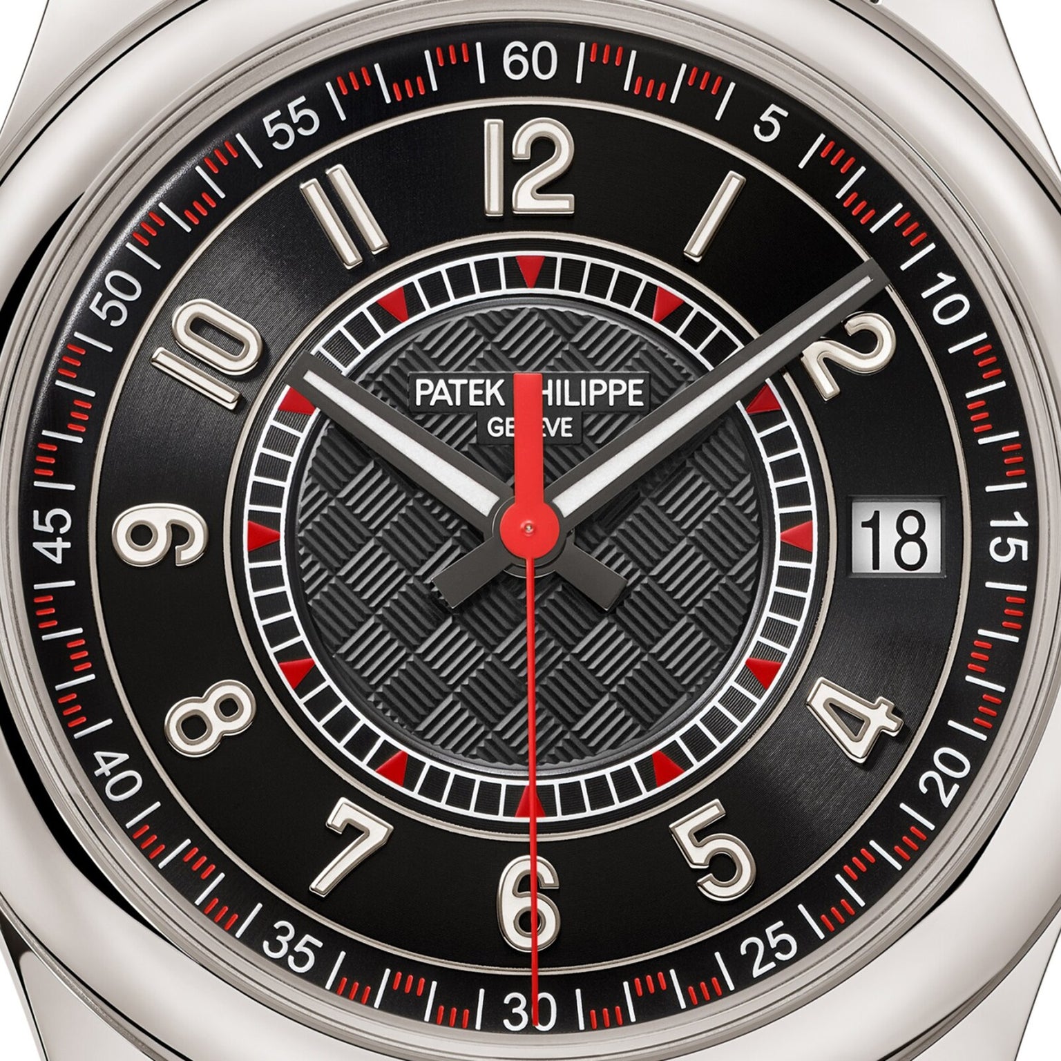 Close-up of the Patek Philippe Calatrava 6007G-010 watch face, featuring silver numbers, a date window, and a textured black center.