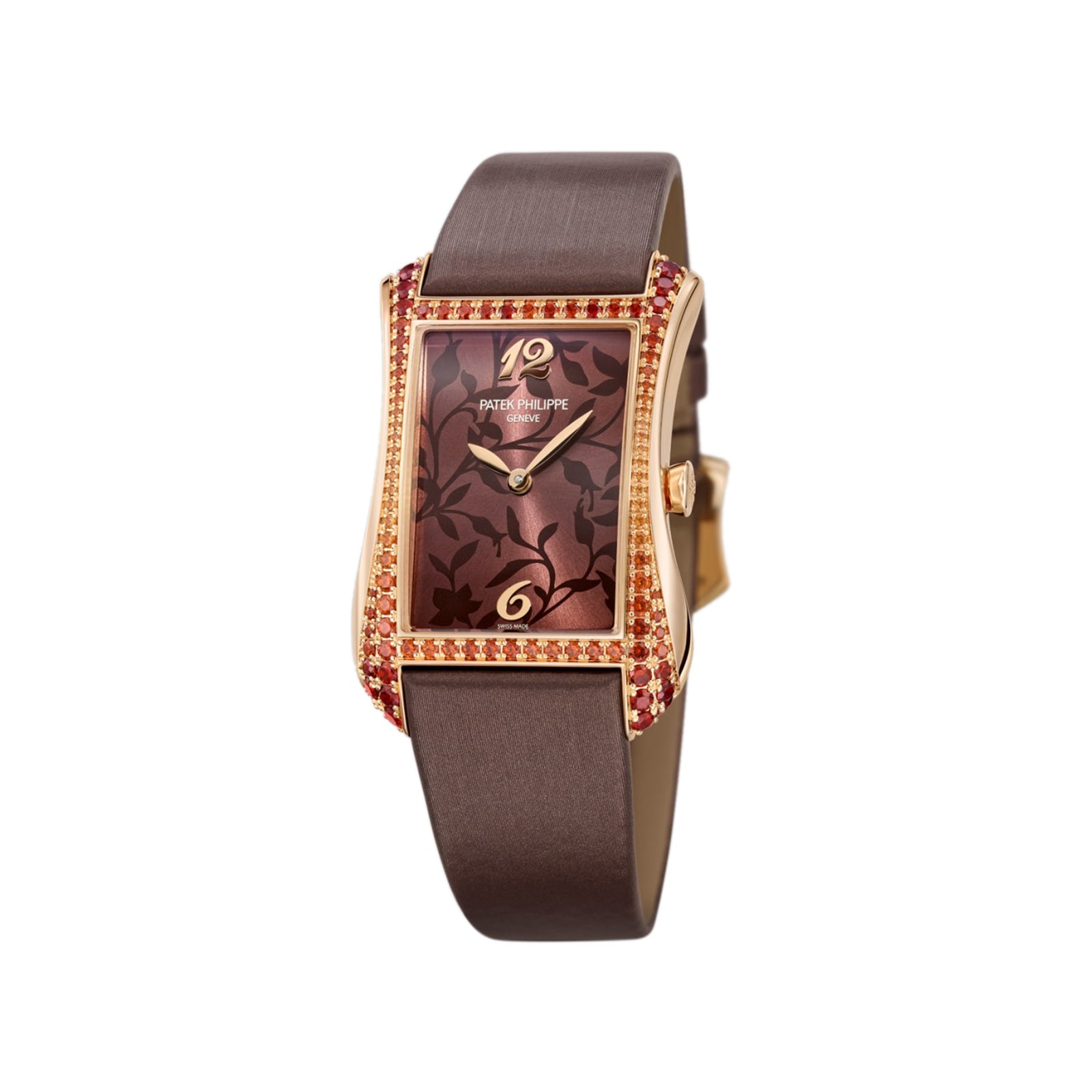 The Patek Philippe Gondolo 4962/200R-001 is a luxurious rose gold watch featuring a brown floral dial, red gemstone accents, and a brown leather strap.
