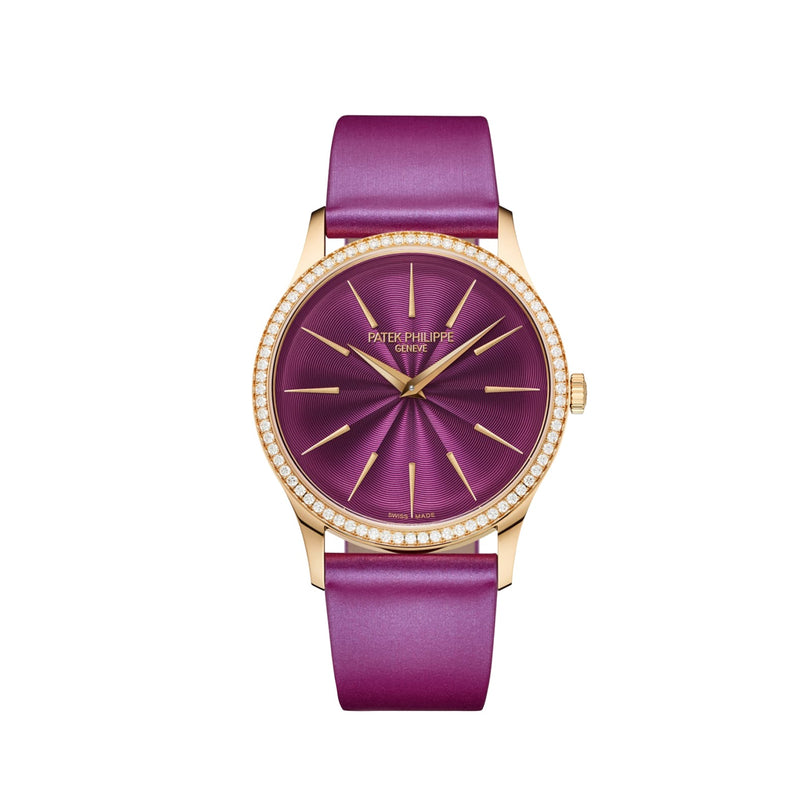 The Patek Philippe Calatrava 4997/200R-001 features a gold case, purple dial, diamond bezel, and a matching purple strap, shown on a white background.