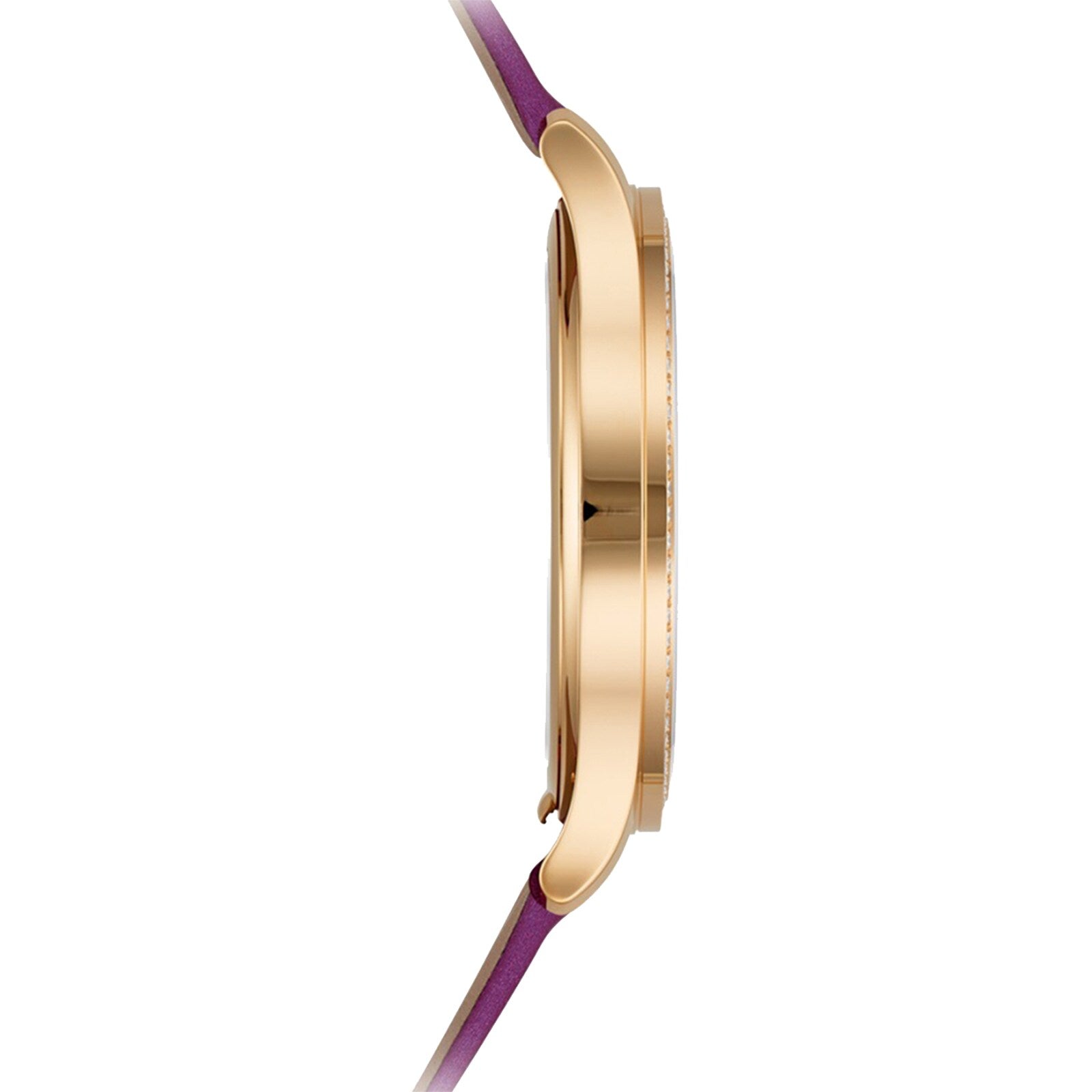 Side view of the Patek Philippe Calatrava 4997/200R-001, featuring a gold slim case and a purple strap.