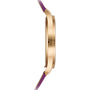 Side view of the Patek Philippe Calatrava 4997/200R-001, featuring a gold slim case and a purple strap.