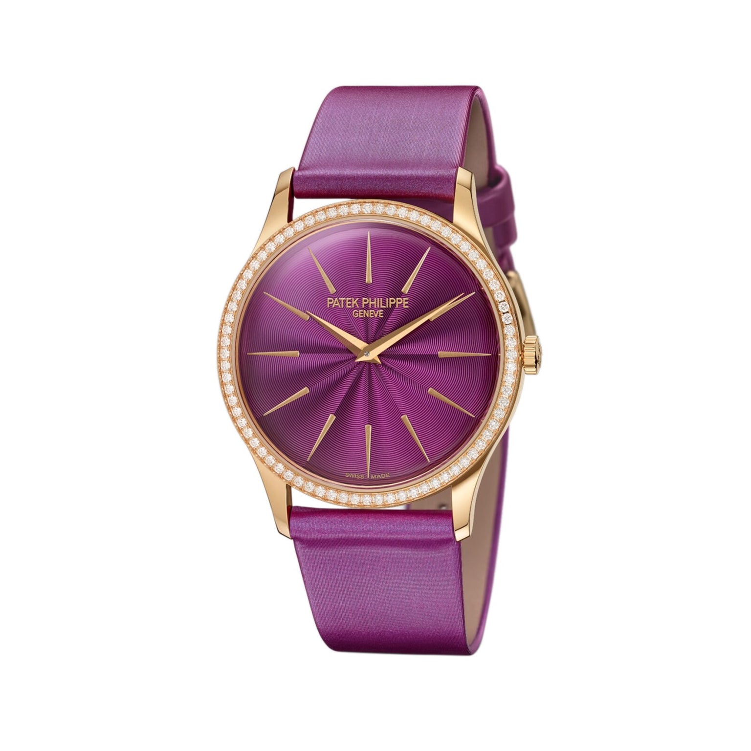 The Patek Philippe Calatrava 4997/200R-001 is a gold wristwatch with a purple face, diamond bezel, and matching purple strap.