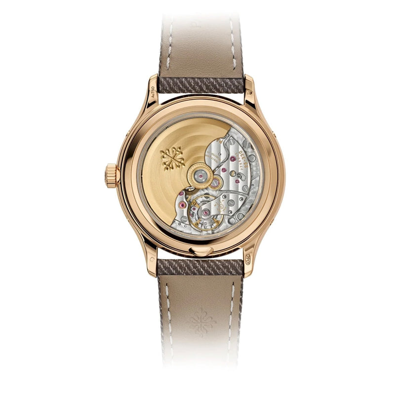 Back view of the Patek Philippe Complications 4946R-001, featuring an exposed gold and silver mechanical movement and a brown leather strap.