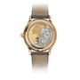 Back view of the Patek Philippe Complications 4946R-001, featuring an exposed gold and silver mechanical movement and a brown leather strap.