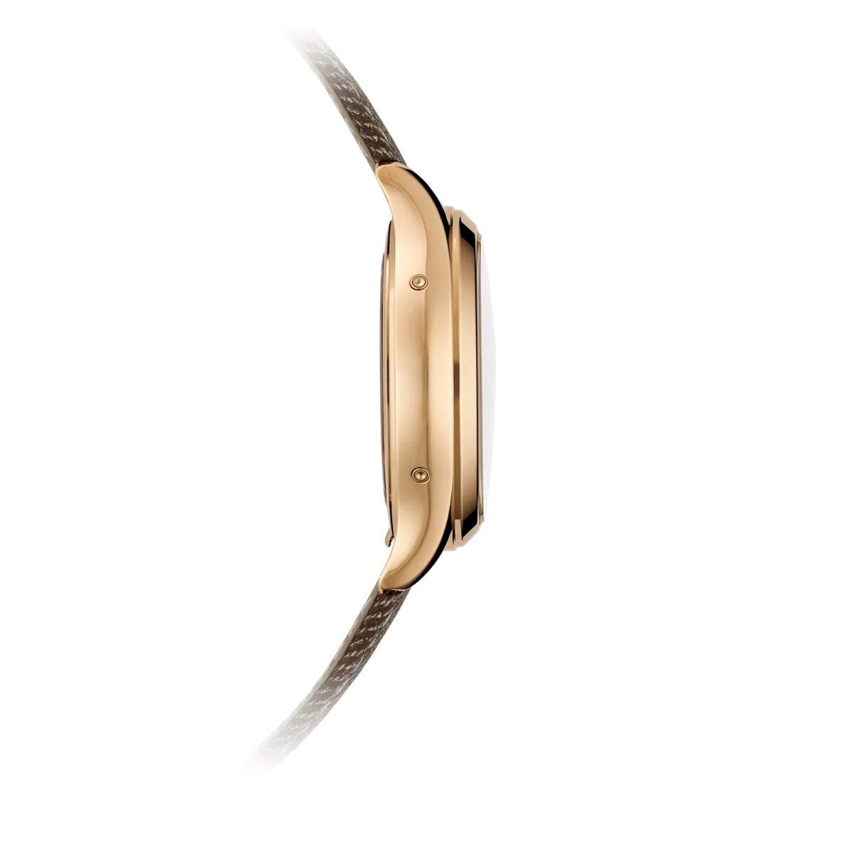 Side view of the Patek Philippe Complications 4946R-001 gold wristwatch with a brown leather strap, highlighting its slim profile against a white background.