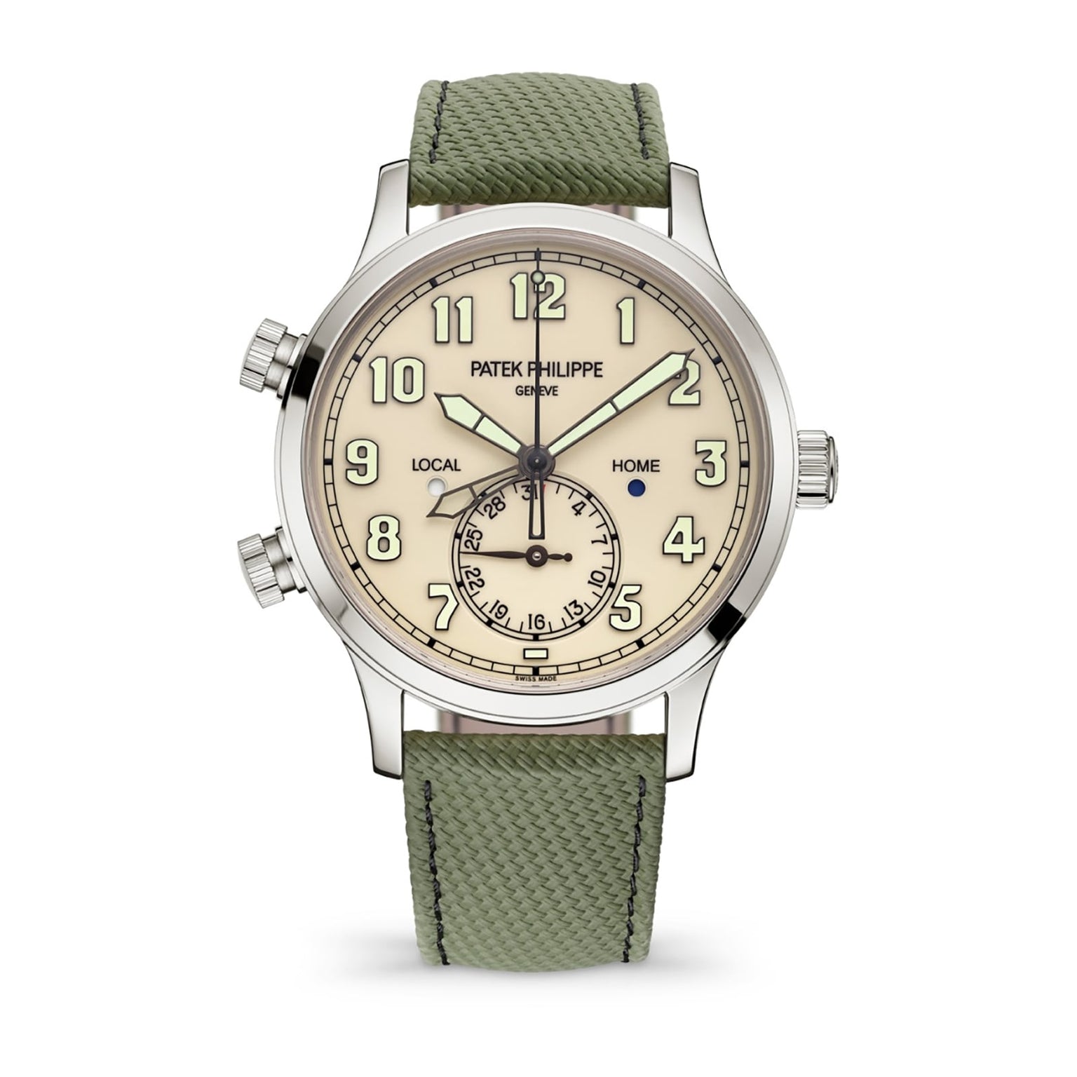 The Patek Philippe Complications 5524G-010 features a silver case, beige dial, green textured strap, and displays multiple time zones and the date.