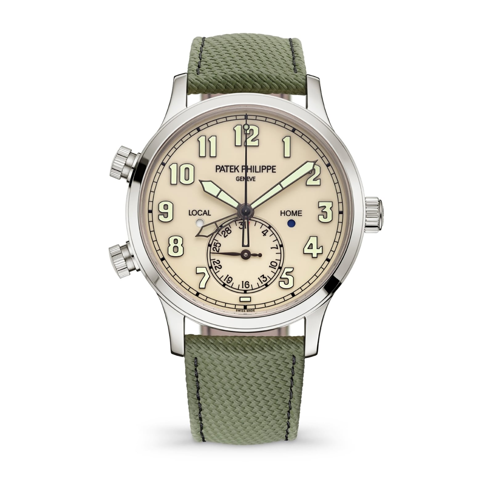 The Patek Philippe Complications 5524G-010 features a silver case, beige dial, green textured strap, and displays multiple time zones and the date.