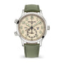 The Patek Philippe Complications 5524G-010 features a silver case, beige dial, green textured strap, and displays multiple time zones and the date.
