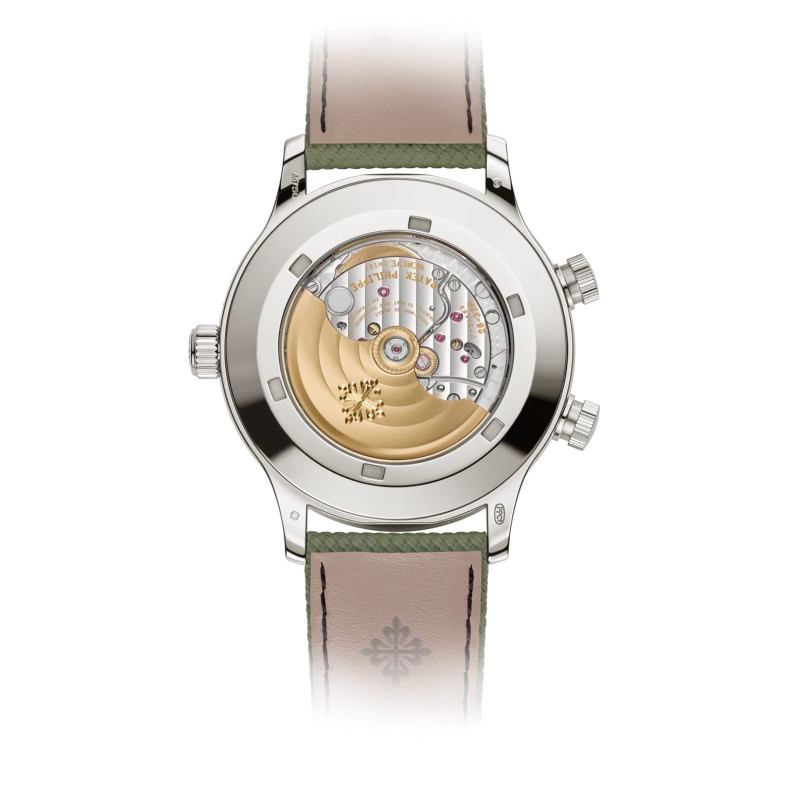 The Patek Philippe Complications 5524G-010 features a leather strap and a luxurious caseback with exposed gears and a gold rotor.