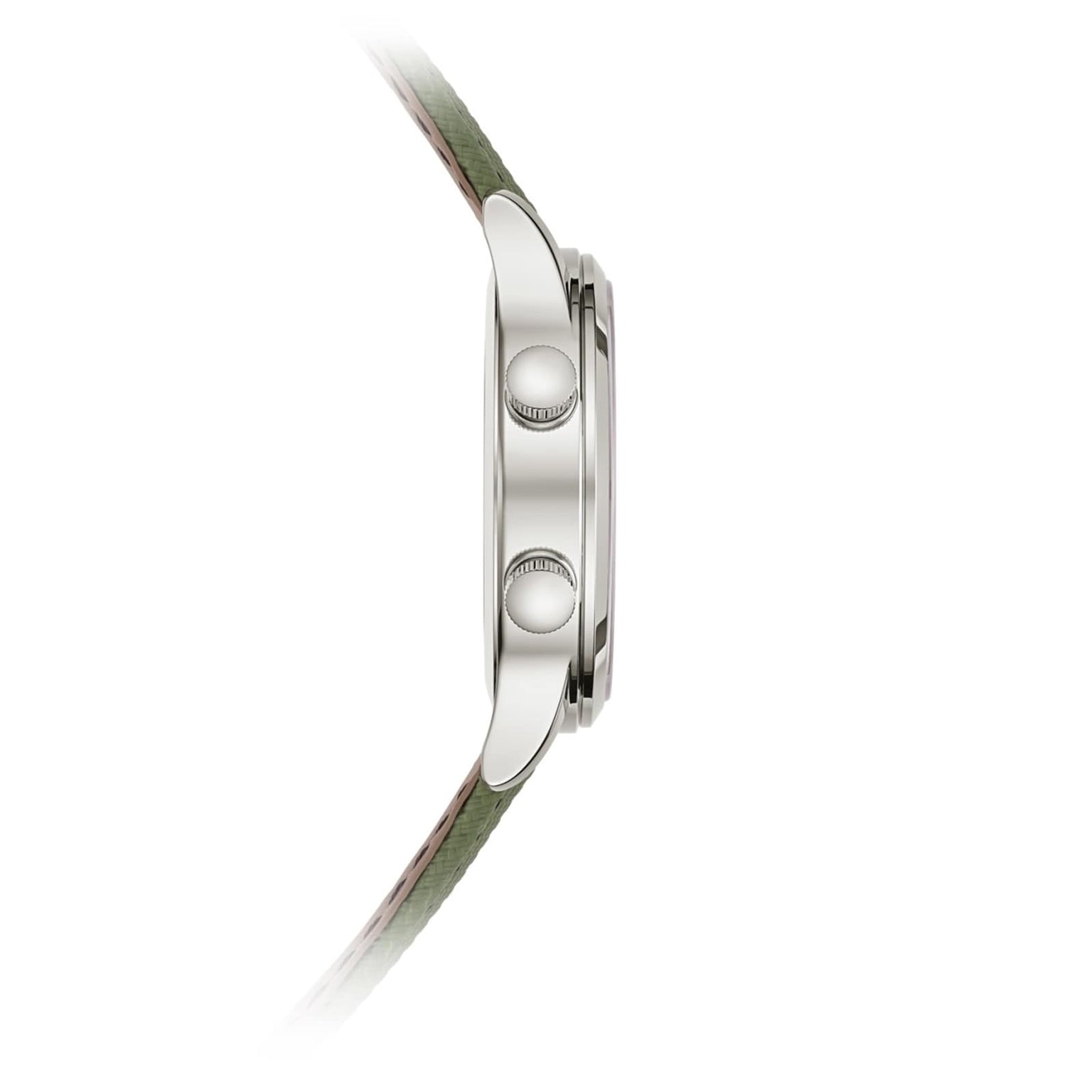 Side view of the Patek Philippe Complications 5524G-010 silver wristwatch with a green strap, displaying two round buttons on the case.