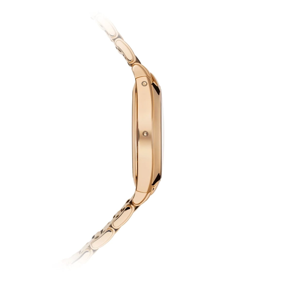 Side view of the Patek Philippe Twenty~4 7340/1R-010 gold wristwatch featuring a slim case and linked bracelet, displayed on a white background.