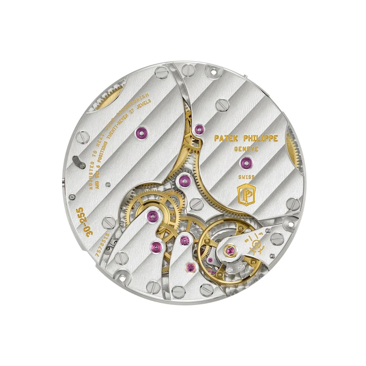 Close-up of a Patek Philippe Calatrava Platinum 6196P-001 watch movement, showcasing exposed gears, gold accents, and intricate detailing.