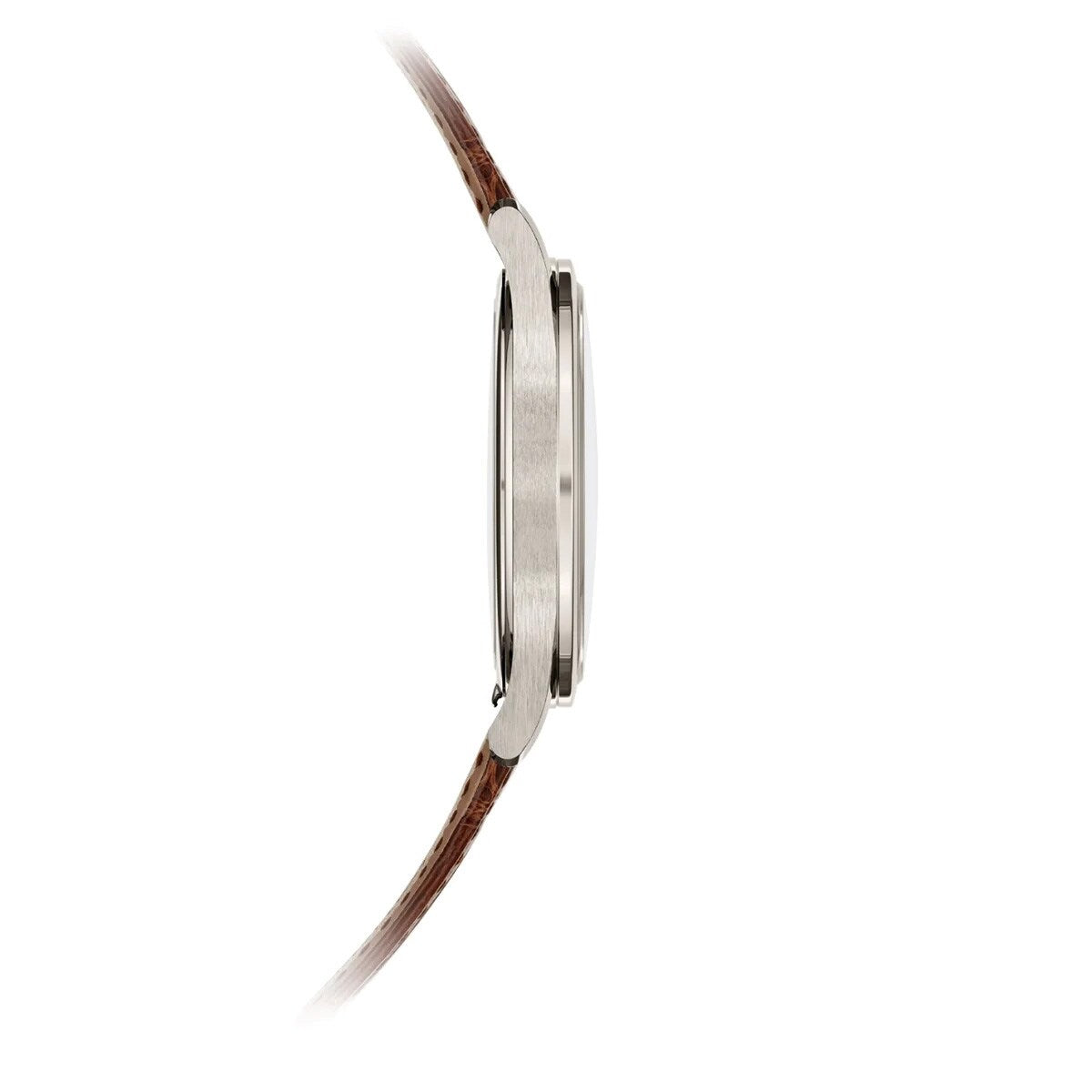 Side view of the Patek Philippe Calatrava Platinum 6196P-001 wristwatch with a platinum case and brown leather strap on a white background.