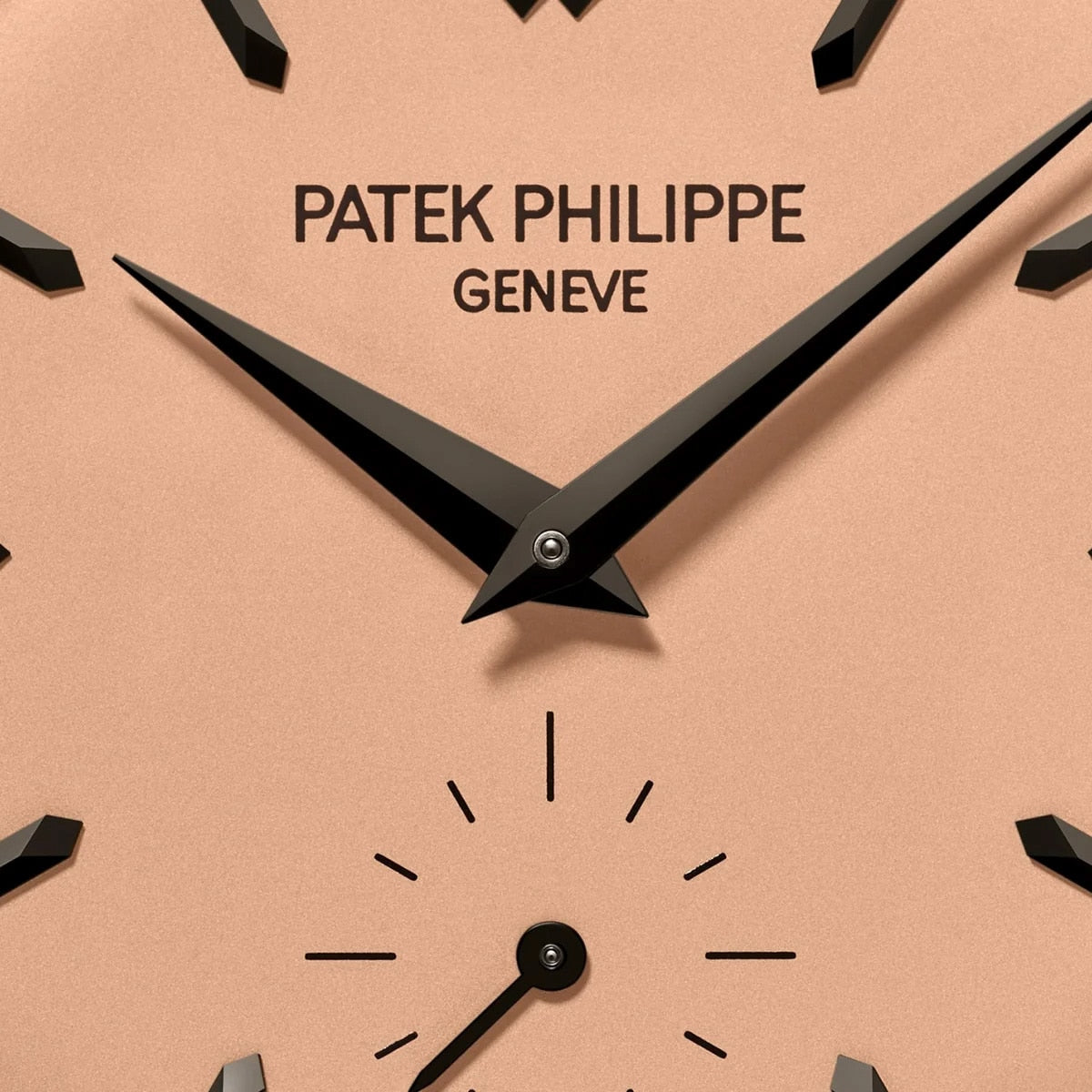 Close-up of the Patek Philippe Calatrava Platinum 6196P-001 watch face, featuring black hands and indices on a beige background.