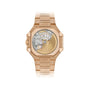The Patek Philippe Cubitus 7128/1R-001 is a rose gold wristwatch featuring an open case back that reveals its intricate mechanical movement.