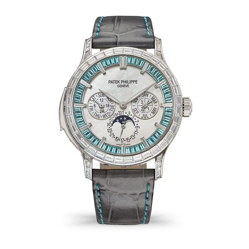 Patek Philippe watch with a gray strap and turquoise accents on a white background