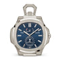 Patek Philippe watch with blue face and silver case on a white background