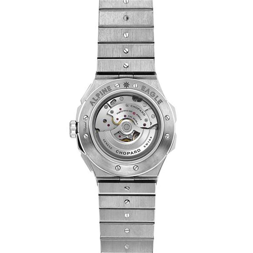 Back view of the Chopard Alpine Eagle XL Chrono in silver, showcasing Swiss craftsmanship with its exposed automatic movement visible through the transparent case back.