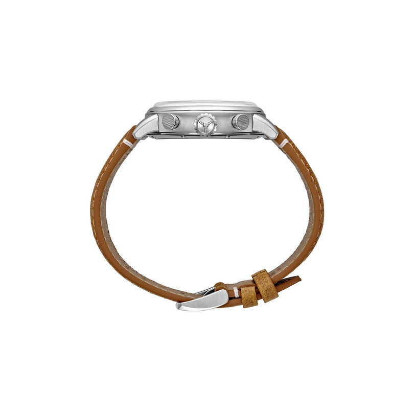 Side view of the Chopard Mille Miglia Classic Chronograph, featuring a silver case and brown leather strap, displayed against a white background.