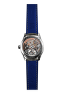 Mechanical watch with exposed tourbillon dial, silver-tone case, and blue leather strap.