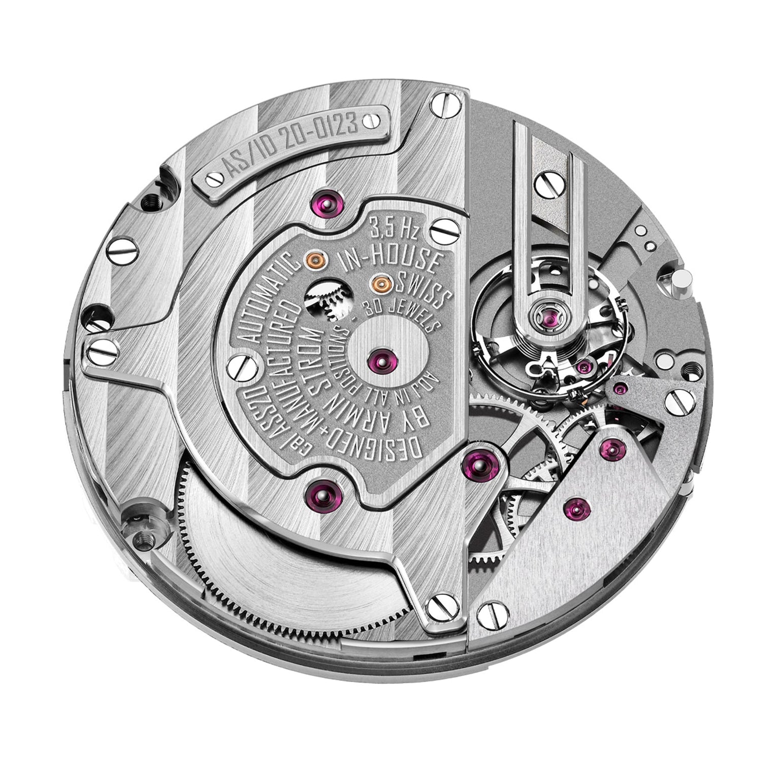 Close-up of the Armin Strom Orbit Manufacture Edition highlights its intricate gears, jewels, engraved details, and metalwork—featuring a precision micro-rotor automatic movement for elegance and performance.