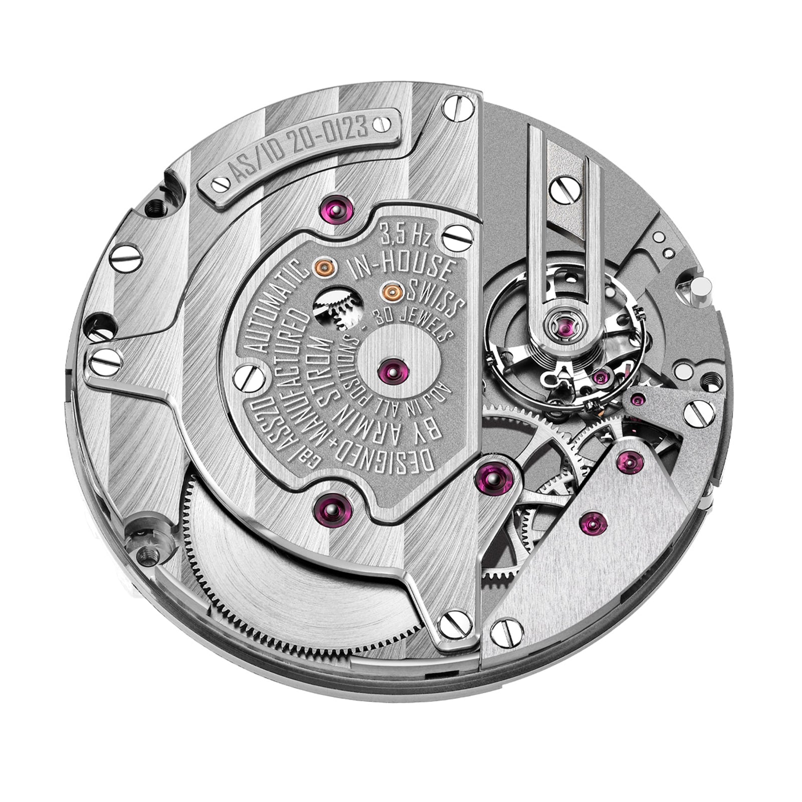 Close-up of the Armin Strom Orbit Manufacture Edition highlights its intricate gears, jewels, engraved details, and metalwork—featuring a precision micro-rotor automatic movement for elegance and performance.
