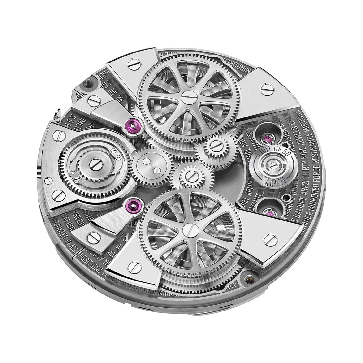 Close-up of the Armin Strom Mirrored Force Resonance Manufacture Edition Blue, showcasing its intricate silver watch movement with visible gears and mechanisms.