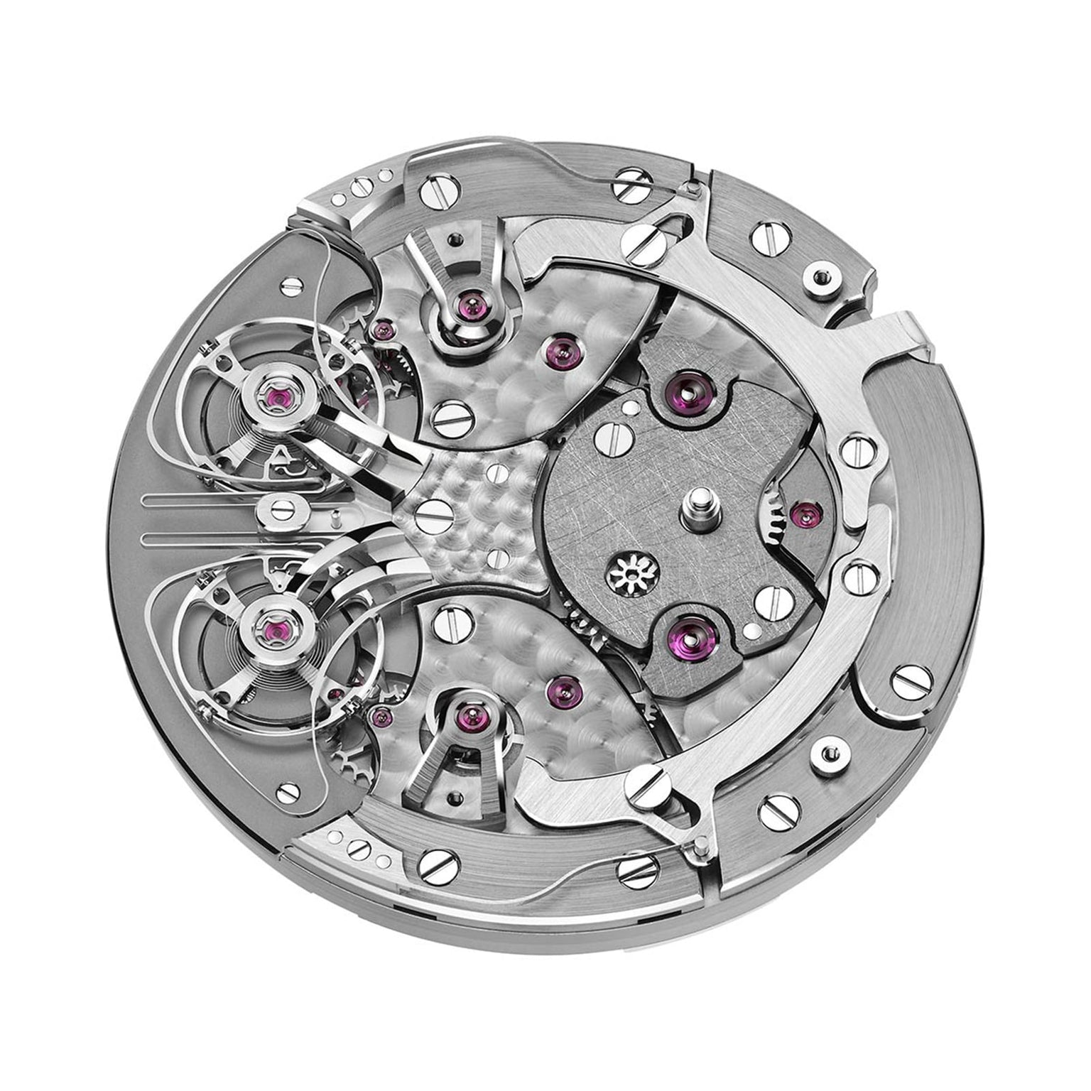 Close-up of the Armin Strom Mirrored Force Resonance Manufacture Edition Blue watch movement, showcasing its visible gears, screws, and purple jewels.
