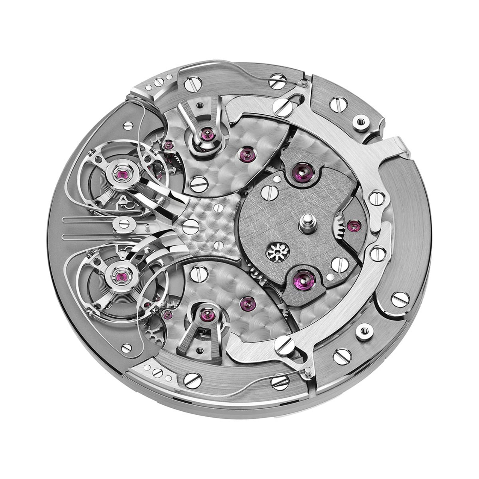 Close-up of the Armin Strom Mirrored Force Resonance Manufacture Edition Blue watch movement, showcasing its visible gears, screws, and purple jewels.