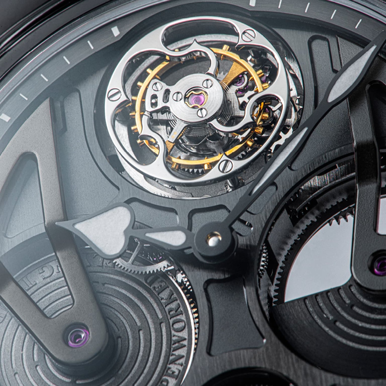 Close-up of the Speake Marin Openworked Tourbillon Black DLC, highlighting its luxury skeleton movement, intricate gears, and visible tourbillon mechanism.