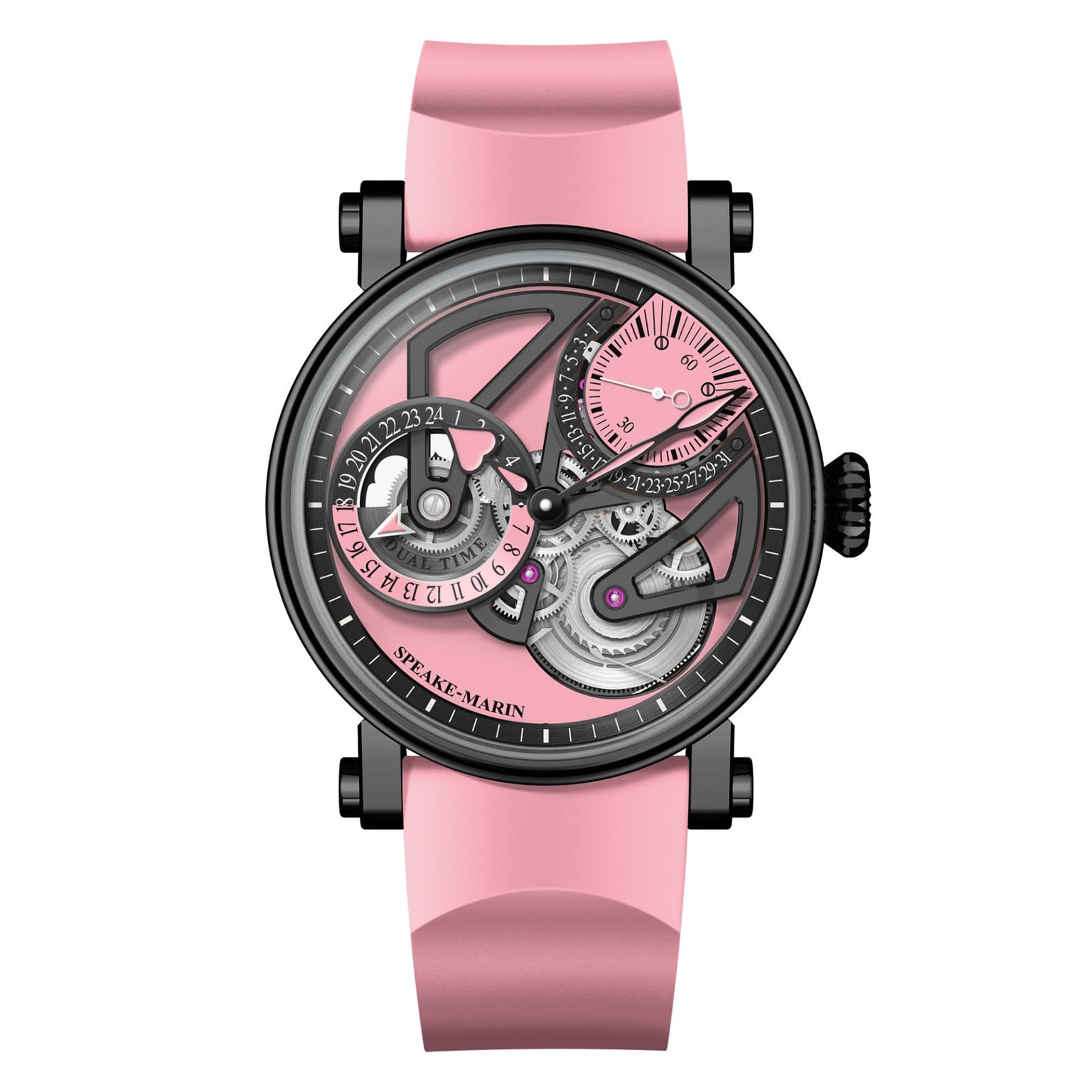 The Speake Marin Dual Time Pink is a luxury watch featuring a pink strap and an intricate pink and black skeleton dial that displays visible gears and subdials.
