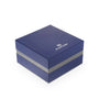 A square, dark blue Grand Seiko gift box with a silver stripe and the logo on the lid—ideal for presenting the Grand Seiko Spring Drive Heritage timepiece.