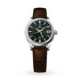 The Grand Seiko Automatic GMT Elegance features a Mount Iwate green dial, date at 3 o’clock, silver case, and brown leather strap, shown against a white background.