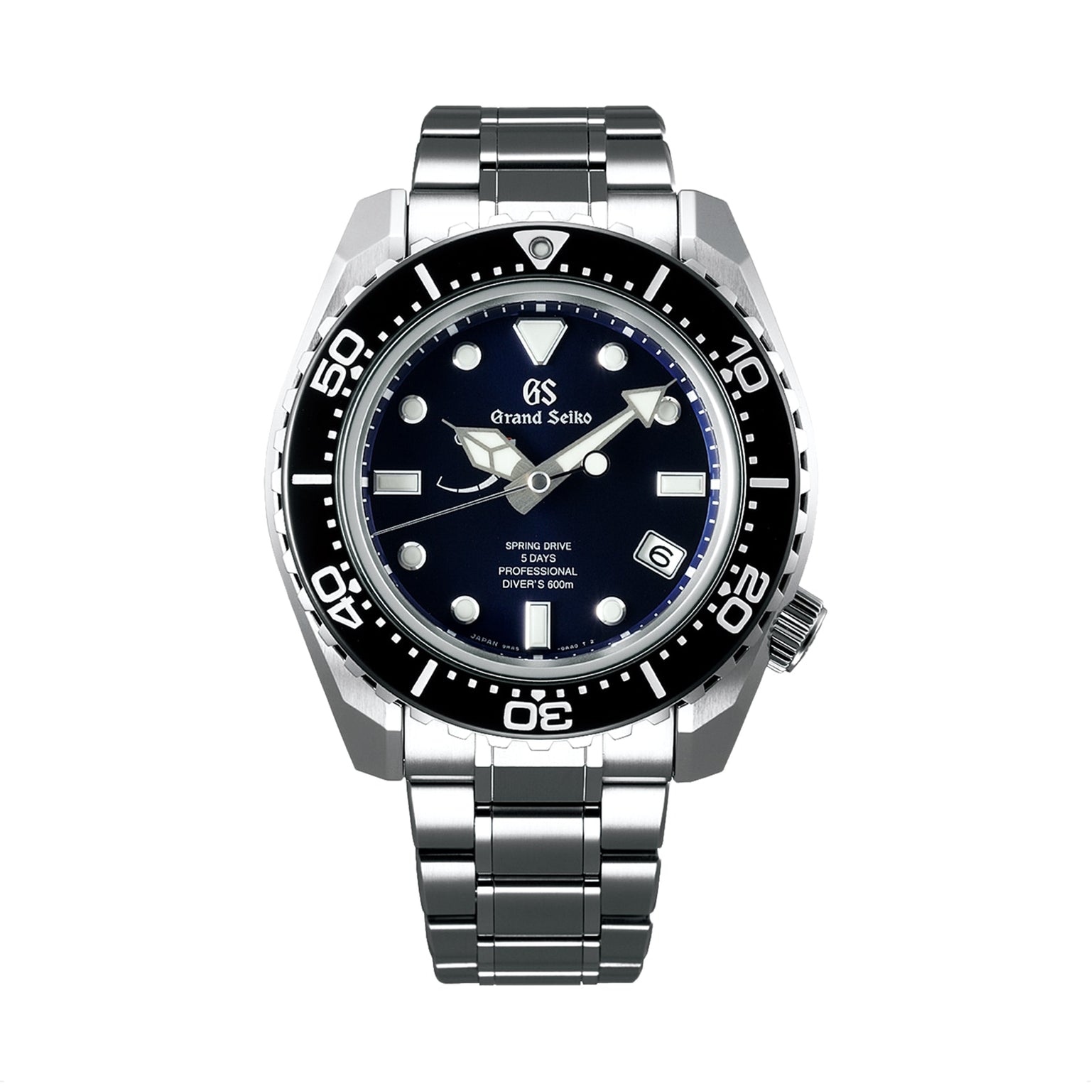 The Grand Seiko Spring Drive 5 Days Sport is a stainless steel dive watch with a blue dial, silver hour markers, black rotating bezel, and metal bracelet, powered by the innovative Spring Drive Caliber 9RA5.