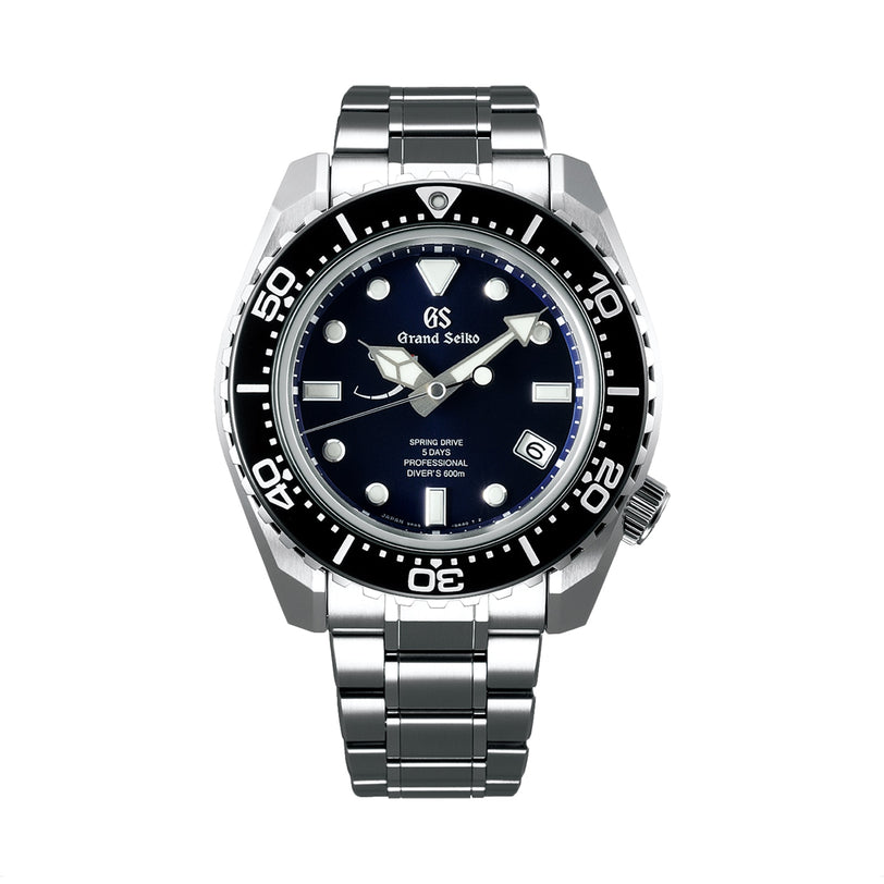 The Grand Seiko Spring Drive 5 Days Sport is a stainless steel dive watch with a blue dial, silver hour markers, black rotating bezel, and metal bracelet, powered by the innovative Spring Drive Caliber 9RA5.