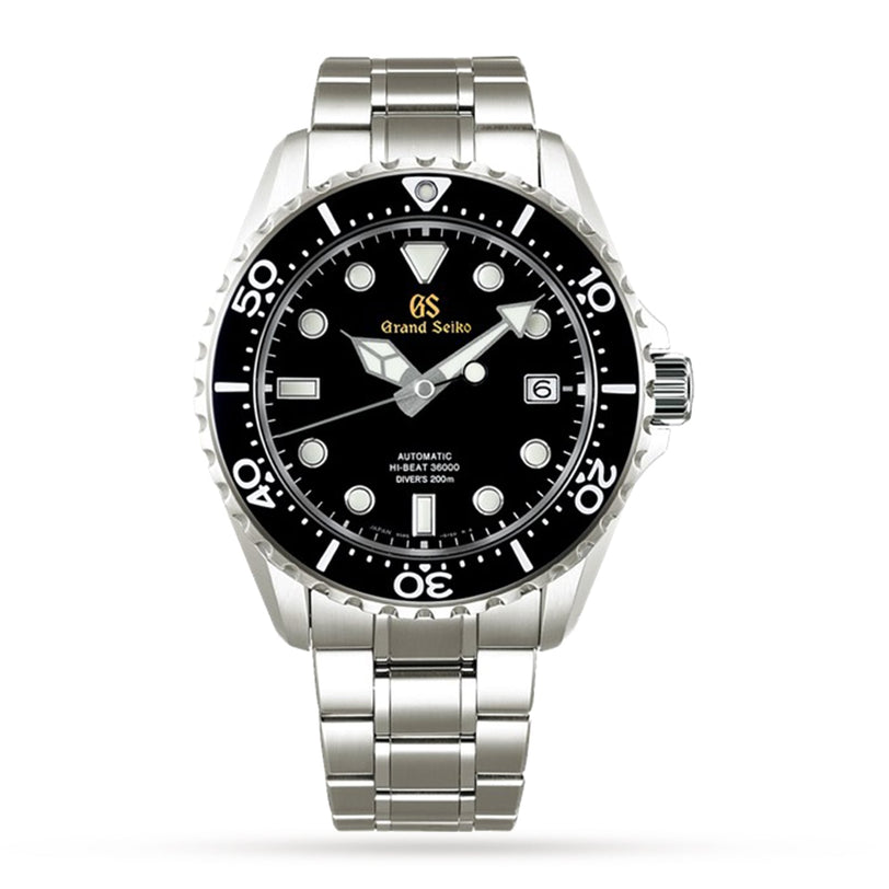 The Grand Seiko Hi-Beat Sport is a stainless steel dive watch with a black dial, white markers, date window at 3 o’clock, and silver bracelet. This precise, water-resistant model is ideal for reliable underwater performance.