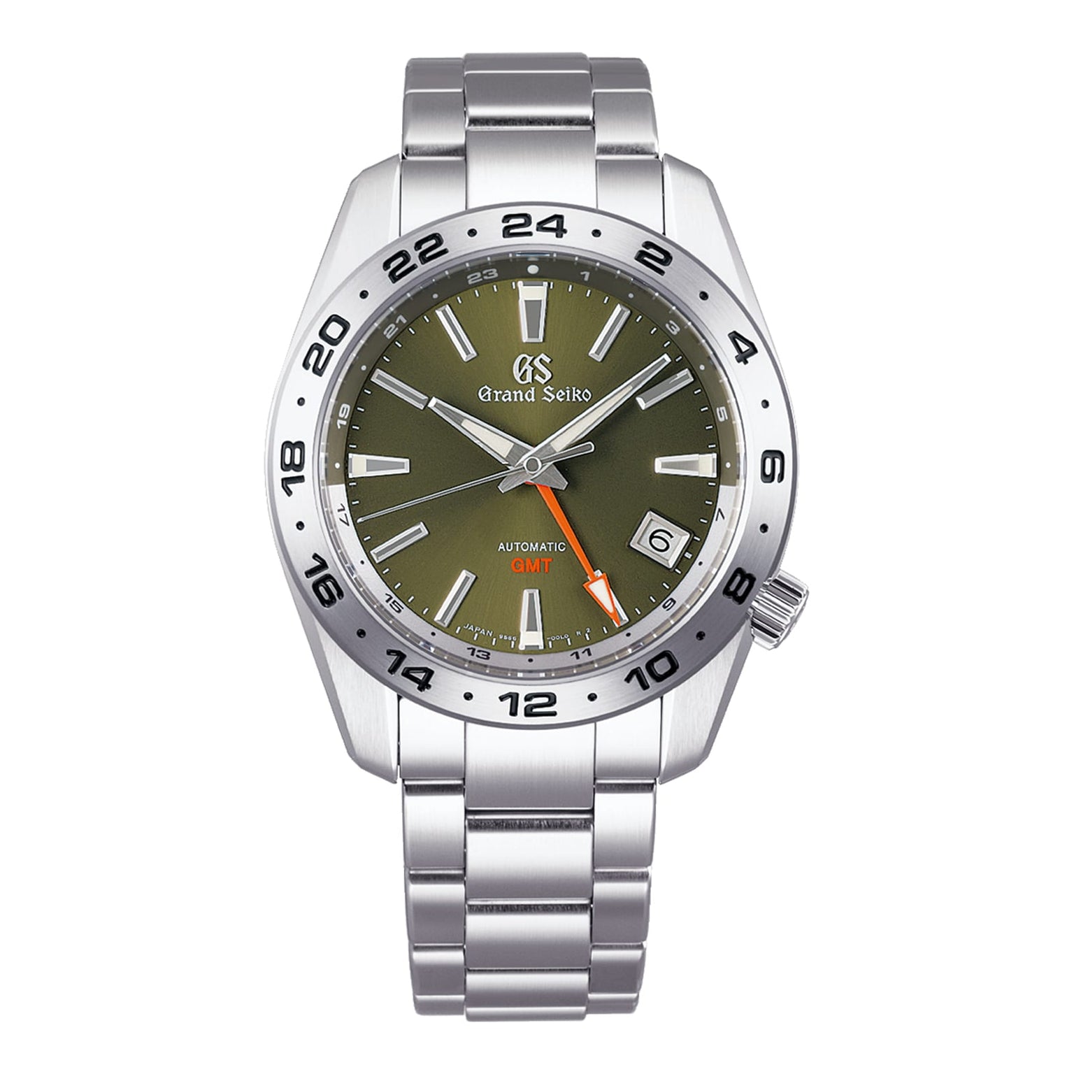 The Grand Seiko Automatic GMT Sport is a stainless steel watch featuring an olive green dial, date window at 4 oclock, and a silver metal bracelet.
