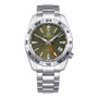 The Grand Seiko Automatic GMT Sport is a stainless steel watch featuring an olive green dial, date window at 4 oclock, and a silver metal bracelet.