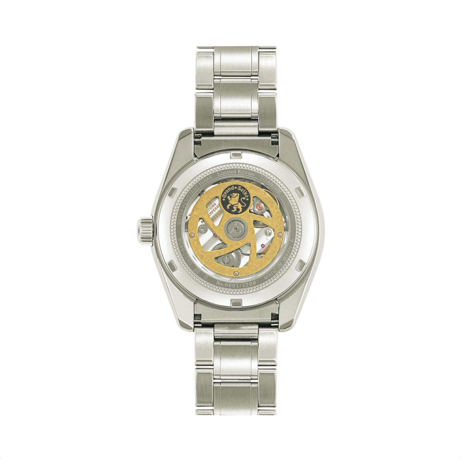 The Grand Seiko Hi-Beat GMT Heritage wristwatch, shown from the back, features a silver metal design with a transparent case and its visible 9S86 Hi-Beat 36 mechanical movement.
