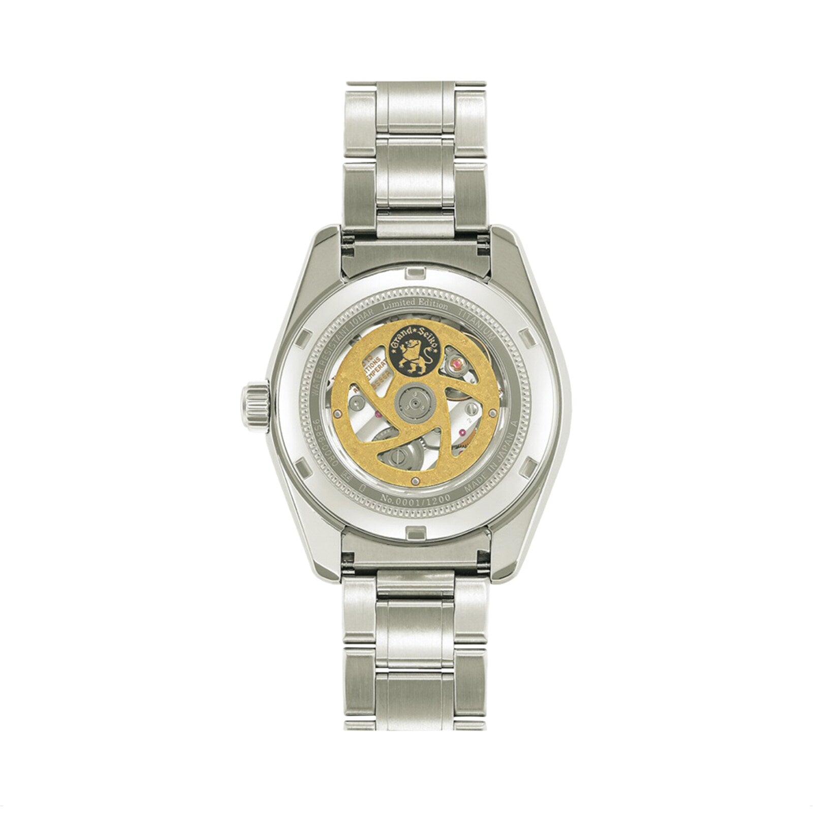 The Grand Seiko Hi-Beat GMT Heritage wristwatch, shown from the back, features a silver metal design with a transparent case and its visible 9S86 Hi-Beat 36 mechanical movement.