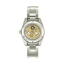 The Grand Seiko Hi-Beat GMT Heritage wristwatch, shown from the back, features a silver metal design with a transparent case and its visible 9S86 Hi-Beat 36 mechanical movement.