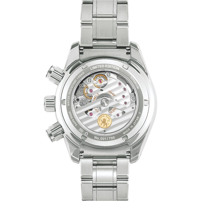 Back view of the Grand Seiko Spring Drive Chronograph Sport reveals its intricate mechanical movement, labeled “LIMITED EDITION” and numbered “001/700,” showcasing the craftsmanship found in exclusive Grand Seiko timepieces.