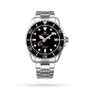 The Grand Seiko Spring Drive Sport is a stainless steel dive watch with black bezel and dial, superb legibility, date window at 3 o’clock, and silver bracelet, shown on a plain white background.
