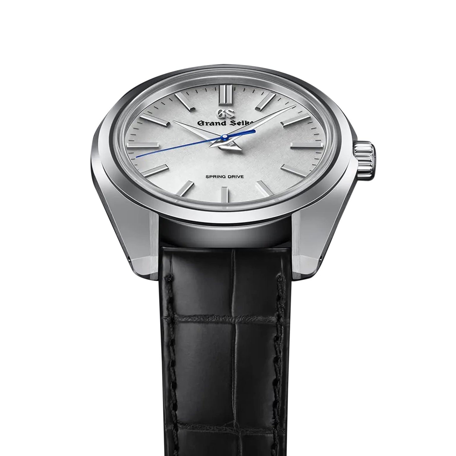 The Grand Seiko Spring Drive Heritage is a 44GS wristwatch with a silver dial, silver markers and hands, a blue second hand powered by Spring Drive, and comes on a black leather strap.