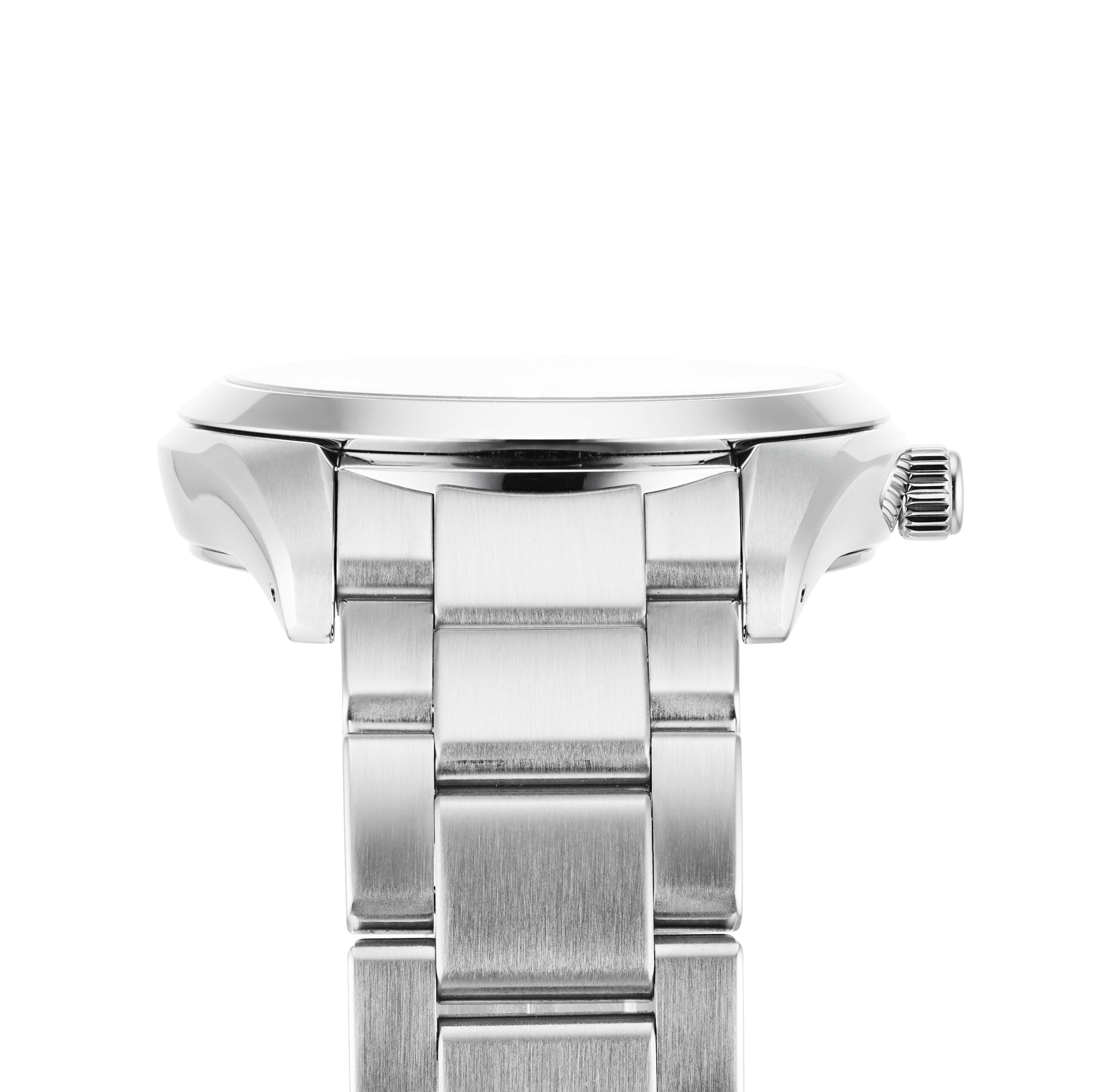 A close-up side view of a Grand Seiko Quartz Heritage watch in stainless steel with a metal band and crown, set against a white background.