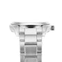 A close-up side view of a Grand Seiko Quartz Heritage watch in stainless steel with a metal band and crown, set against a white background.