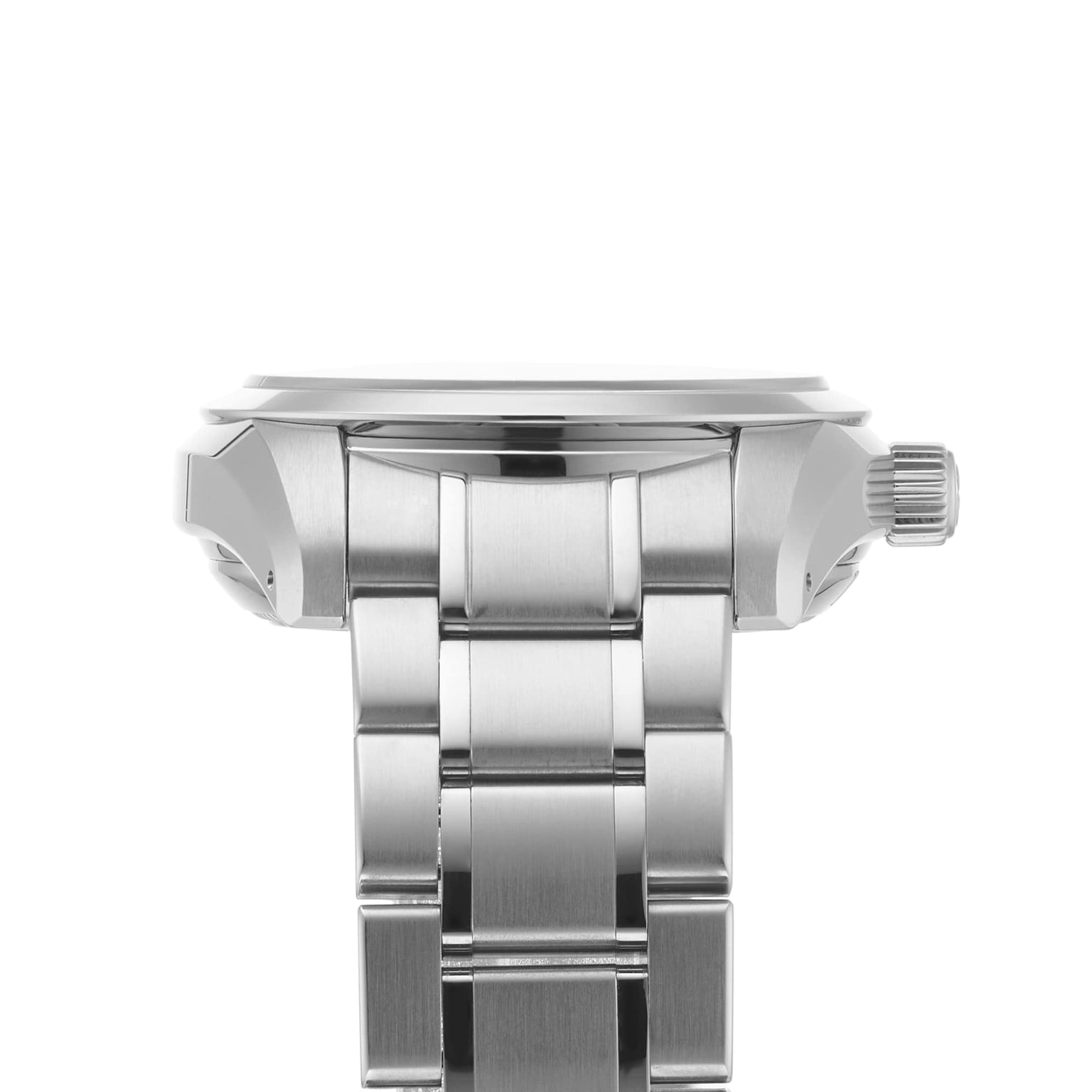 Side view of the Grand Seiko Automatic Heritage, a stainless steel wristwatch with a metal bracelet and a visible crown on the right side.
