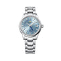 Grand Seiko Automatic GMT Elegance wristwatch featuring a light blue sunburst dial, date window, and stainless steel bracelet.